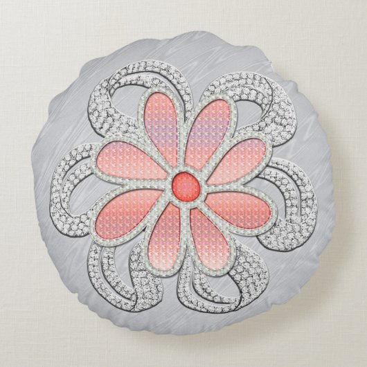 青いモアレにピンクとダイヤモンドの宝石で飾られた花 ラウンドクッション (裏面)