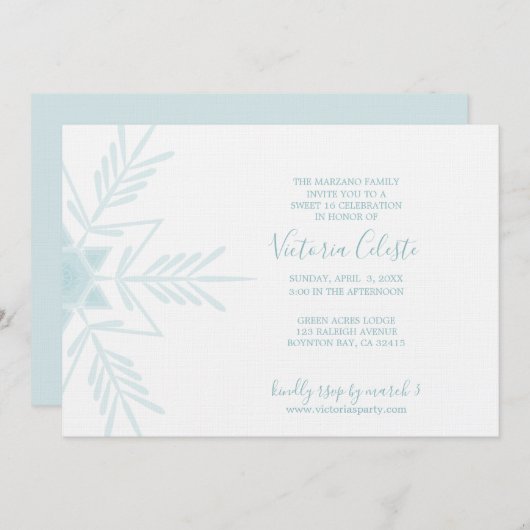 青いモダンなウィンター ワンダーランド スイート 16 招待状 (正面/裏面)