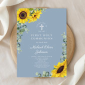 青いモダンひまわり最初の聖餐式 招待状