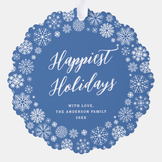 青いモダンエレガントスノーフレーク写真クリスマス オーナメントカード (裏面)