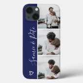 青いモダンカップル名3枚の写真コラージュ・グリッド Case-Mate iPhoneケース (裏面)