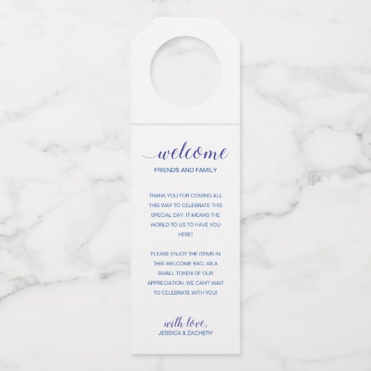 青いモダンギフトバスケットへようこそ結婚 ボトルネックタグ (正面)