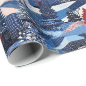 青いモダンクリスマスの木のパッチワーク ラッピングペーパー (ロールコーナー)