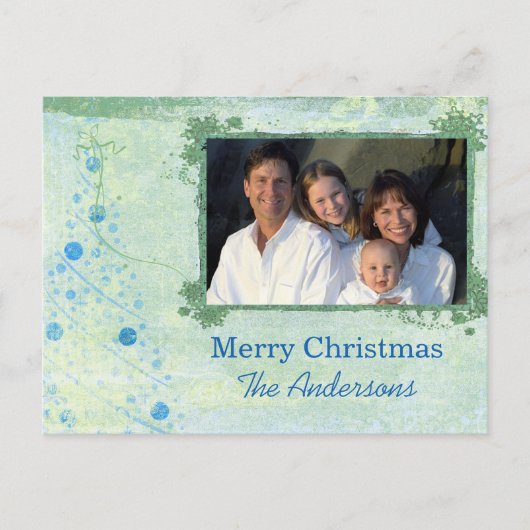 青いモダンクリスマスツリー家族の写真はがき シーズンポストカード (正面)