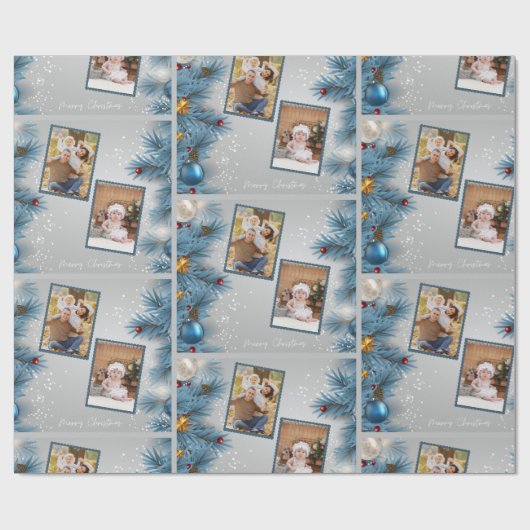 青いモダンクリスマスツリー2写真メリークリスマス ラッピングペーパー (フラット)