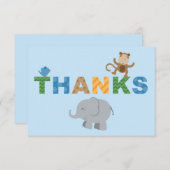 青いモダンジャングル動物の男の子の赤ちゃんシャワー サンキューカード (正面/裏面)
