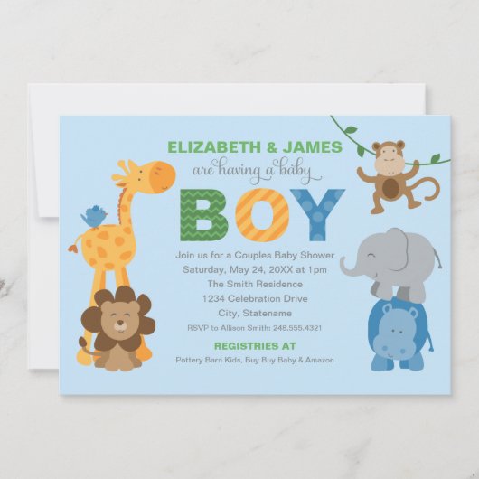 青いモダンジャングル動物の男の子の赤ちゃんシャワー 招待状 (正面)