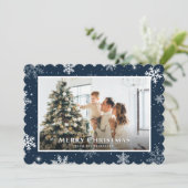 青いモダンスノーフレークのメリークリスマスフォト シーズンカード (スタンド正面)