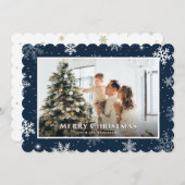 青いモダンスノーフレークのメリークリスマスフォト シーズンカード (正面/裏面)