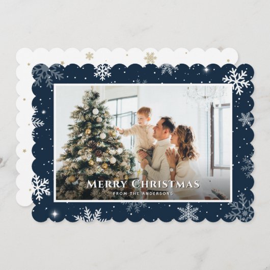 青いモダンスノーフレークのメリークリスマスフォト シーズンカード (正面/裏面)