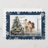 青いモダンスノーフレークのメリークリスマスフォト シーズンカード (正面)