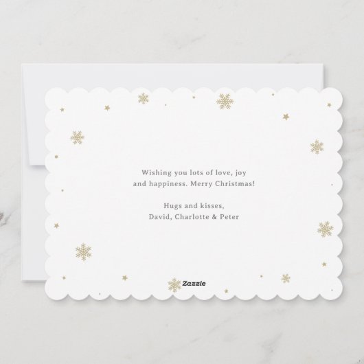 青いモダンスノーフレークのメリークリスマスフォト シーズンカード (裏面)