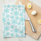 青いモダンスノーフレーク模様の雪クリスマス キッチンタオル (四つ折り)