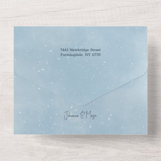 青いモダンスパークリー冬の植物のアーチ写真 オールインワン招待状 (裏面)