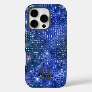 青いモダンダイヤモンドのスタッズパターンモノグラム iPhone 16 PROケース