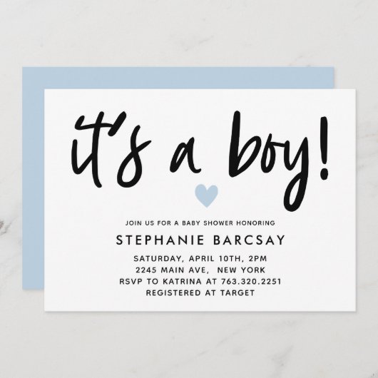 青いモダンハートその男の子シャワー 招待状 (正面/裏面)
