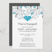 青いモダンハートと花婚約パーティ 招待状 (正面/裏面)