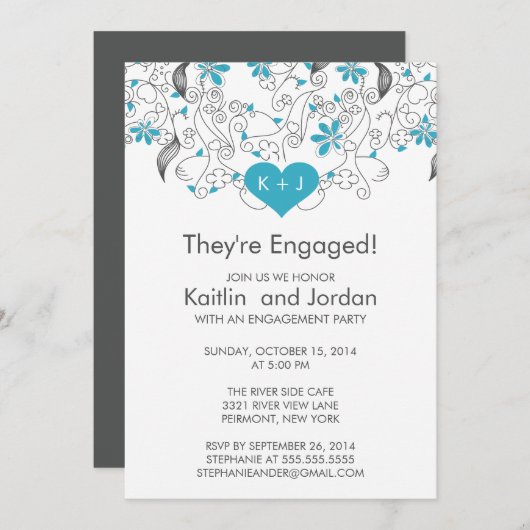 青いモダンハートと花婚約パーティ 招待状 (正面/裏面)