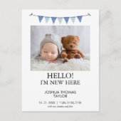 青いモダンバンティング国旗の誕生のお知らせ ポストカード (正面)