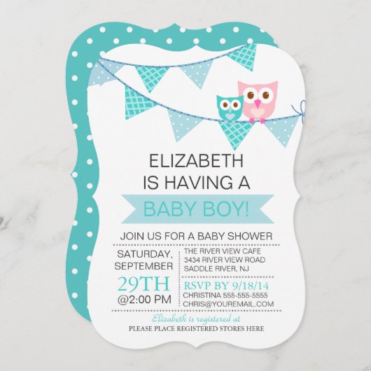 青いモダンバンティングPenant Owl男の子の赤ちゃんシャワー 招待状 (正面/裏面)