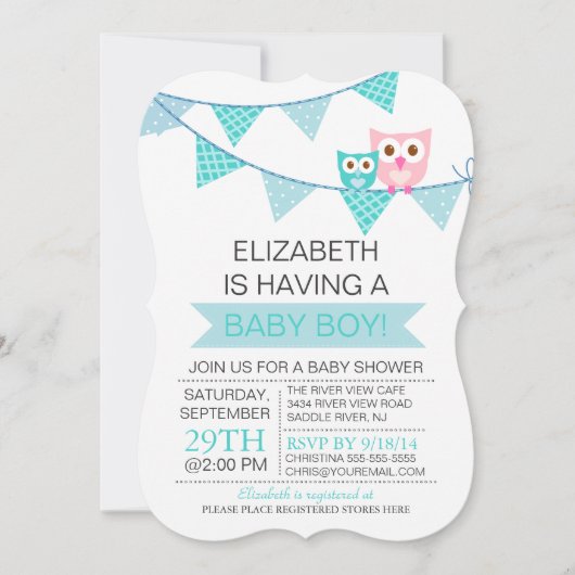 青いモダンバンティングPenant Owl男の子の赤ちゃんシャワー 招待状 (正面)
