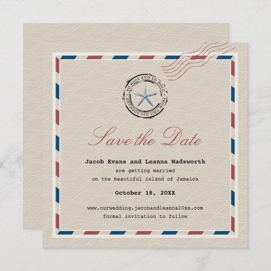 青いモダンヒトデアンティーク航空便の日付を保存 セーブザデート (正面/裏面)