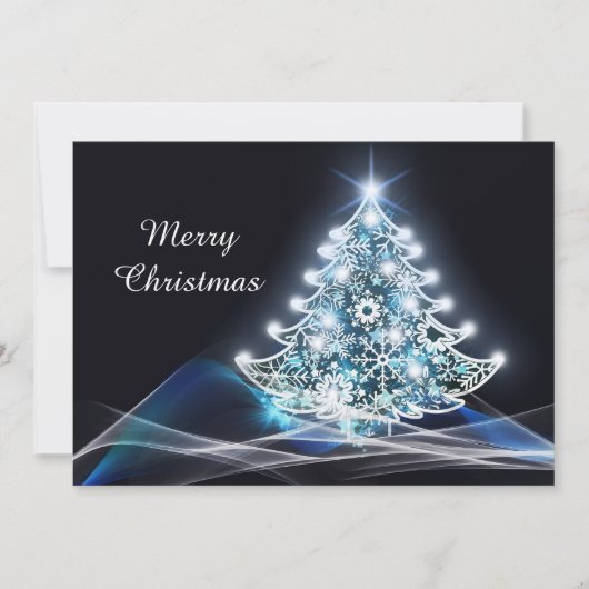 青いモダンライトクリスマスツリーのグラフィック シーズンカード (正面)