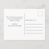 青いモダン写真の生誕発表葉書 案内ポストカード (裏面)