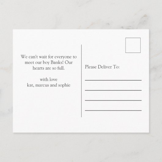 青いモダン写真の生誕発表葉書 案内ポストカード (裏面)