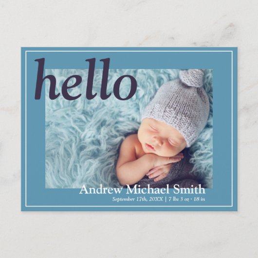 青いモダン写真の生誕発表葉書 案内ポストカード (正面)