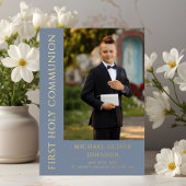 青いモダン写真少年ファースト・ホリー・コミュニオン 箔招待状