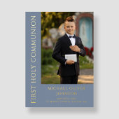 青いモダン写真少年ファースト・ホリー・コミュニオン 箔招待状