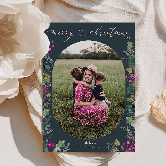 青いモダン冬のボタニカル1写真クリスマス シーズンカード