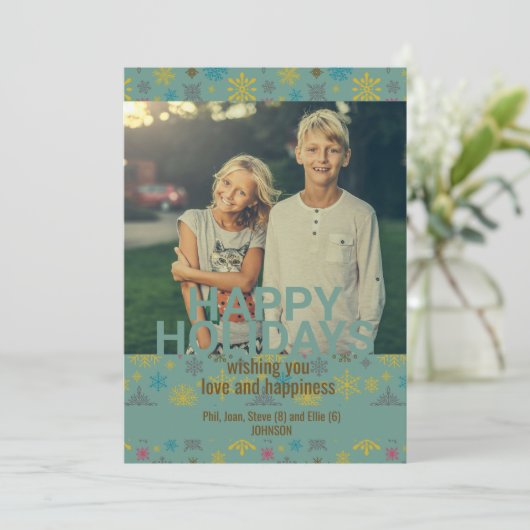 青いモダン冬の雪片パターン 招待状 (スタンド正面)