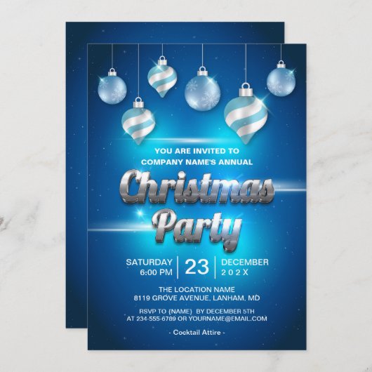 青いモダン印象的なクリス企業のマスパーティー 招待状 (正面/裏面)