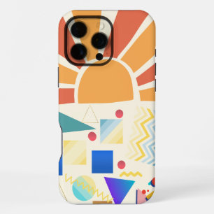 青いモダン図形のヴィンテージ赤い夕日 iPhone 16 PRO MAXケース