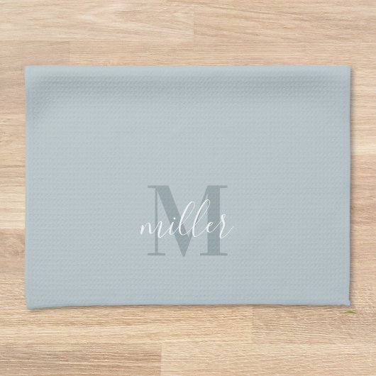 青いモダン家族パーソナライズされた名モノグラム キッチンタオル