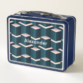 青いモダン建物ブロックのパーソナライズ メタルランチボックス (裏面)