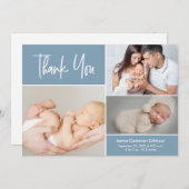 青いモダン手書きベビーフォトコラージュ サンキューカード (正面/裏面)
