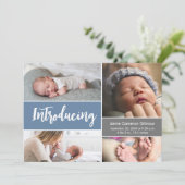 青いモダン手書き写真コラージュ男の赤ちゃん サンキューカード (スタンド正面)