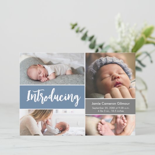 青いモダン手書き写真コラージュ男の赤ちゃん サンキューカード (スタンド正面)