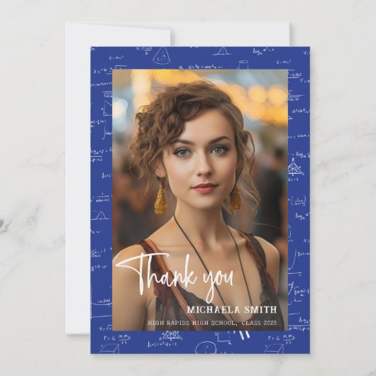 青いモダン数学スクリプト写真卒業 サンキューカード (正面)