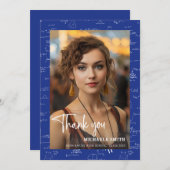 青いモダン数学スクリプト写真卒業 サンキューカード (正面/裏面)