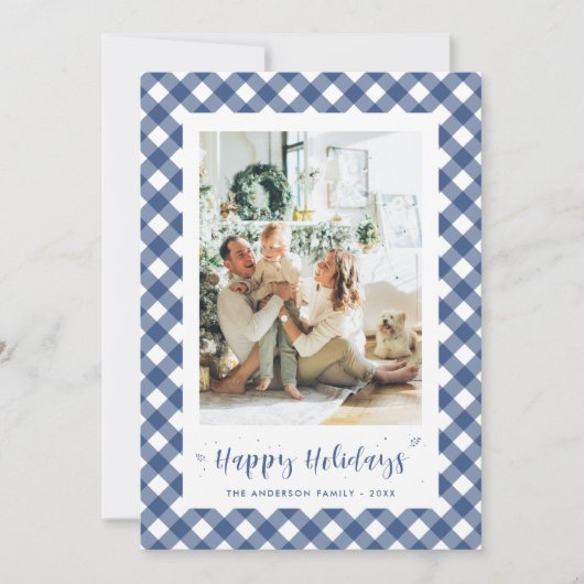 青いモダン格子縞の書道写真 シーズンカード (正面)