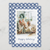 青いモダン格子縞の書道写真 シーズンカード (正面/裏面)