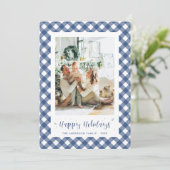 青いモダン格子縞の書道写真 シーズンカード (スタンド正面)