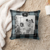 青いモダン格子縞 |家族の写真 |イニシャル クッション (ブランケット)