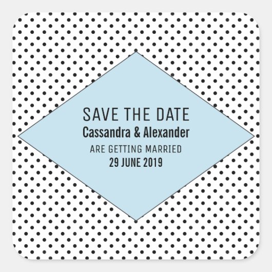 青いモダン水玉模様日付の保存 スクエアシール (正面)