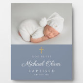 青いモダン洗礼を受けた男の子の写真 フォトプラーク (正面)