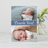 青いモダン男の赤ちゃん写真ありがとう 案内状 (スタンド正面)